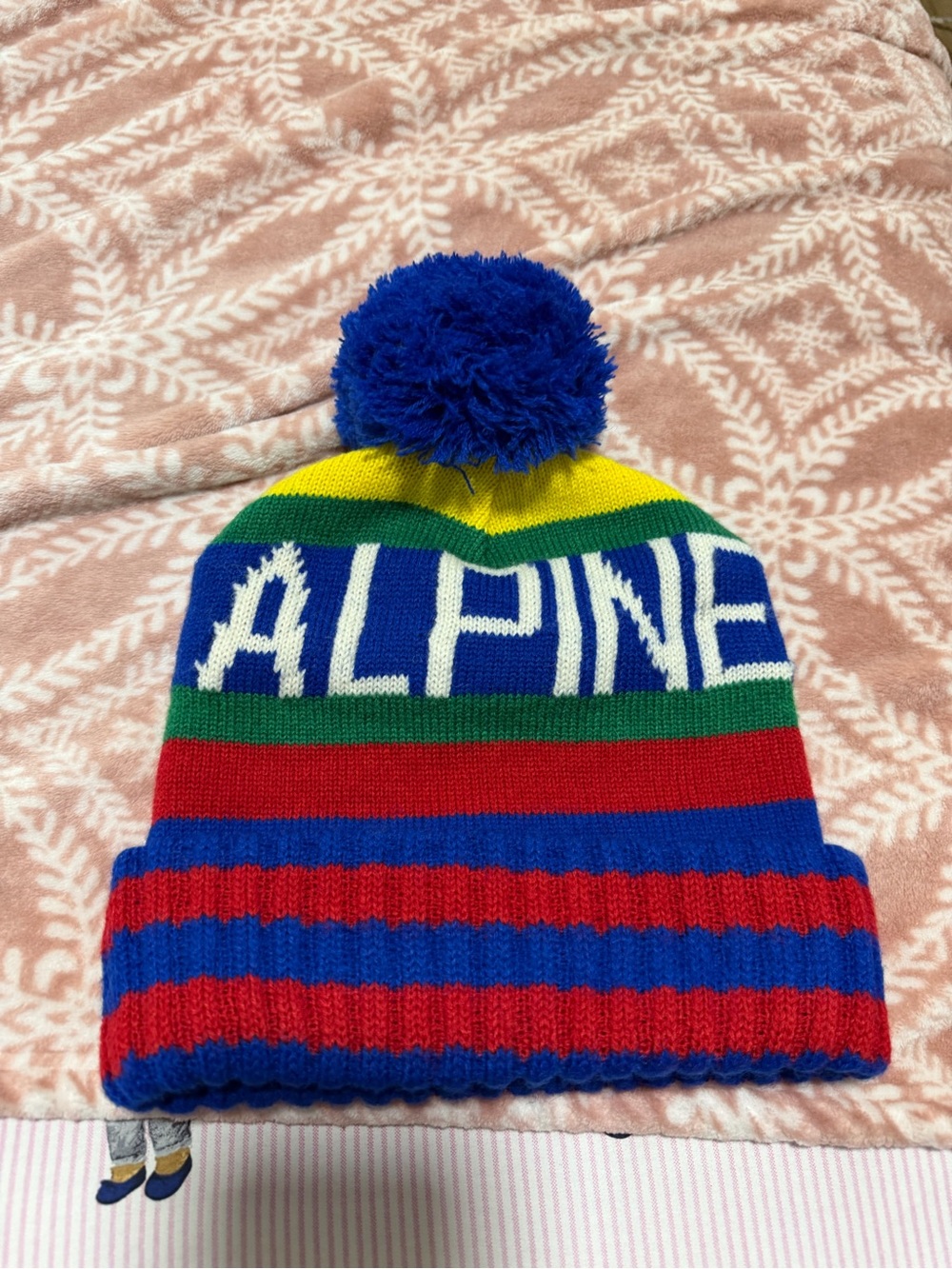 Alpine Striped Pom Beanie Hat - Blue, Red, Green, Yellow, White